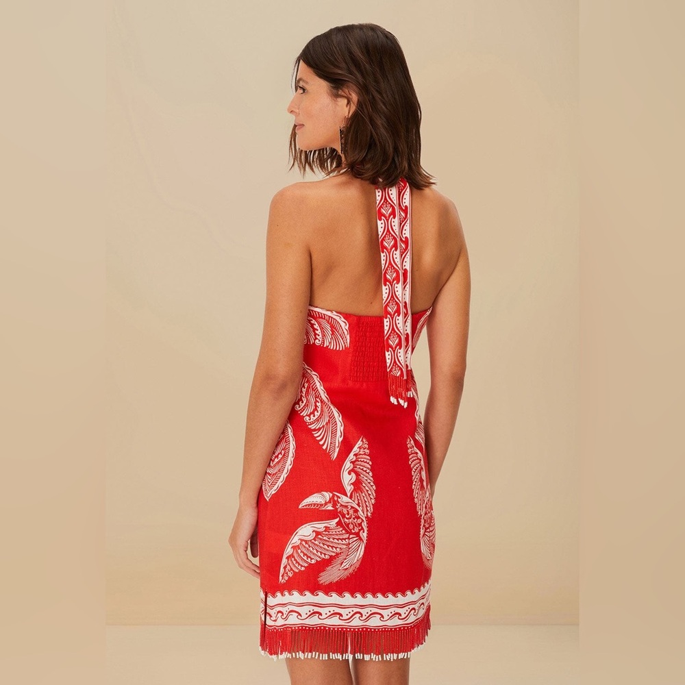 FARM Rio Beaded Fringe Red Off-White Majestic Coconut Mini Dress Size Small NWT - Picture 3 of 16